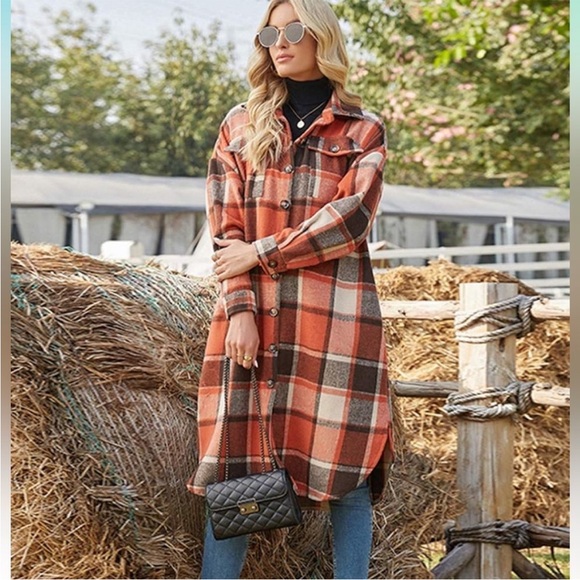 NWT Women Wool Blend Long Plaid Shirt Jacket Button Down Pocketed Shirt Shacket - Picture 5 of 7